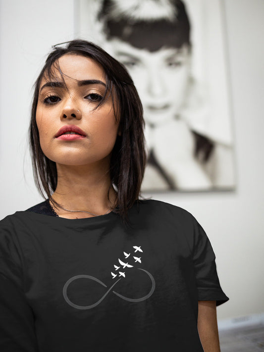 “Infinite Freedom” T-Shirt – Black Infinity Birds Design